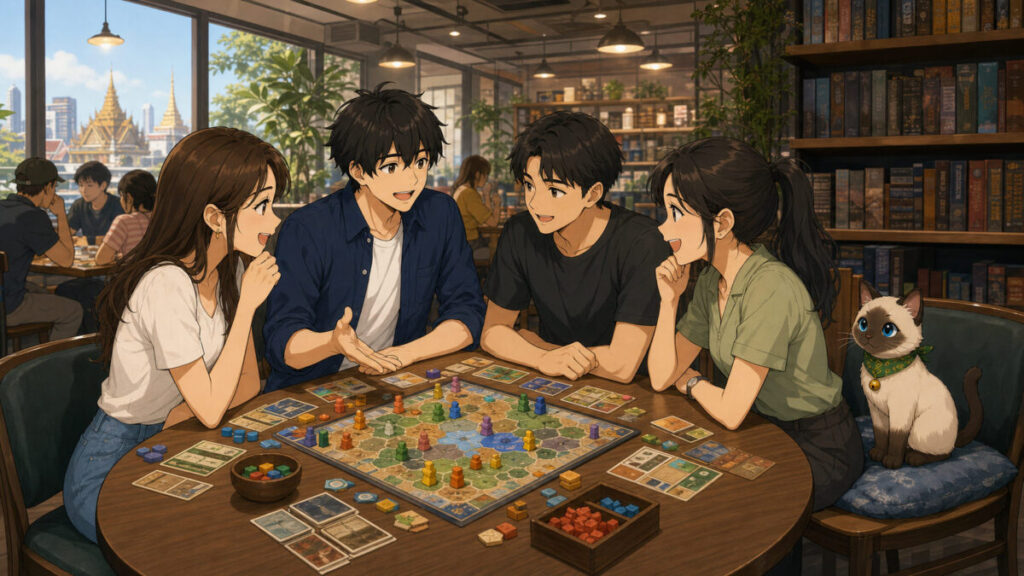 バンコクのボードゲームカフェでタイ人と交流するKentarとPakai