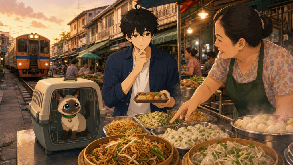 タラートプルーの鉄道市場で食べ歩きを楽しむKentarとPakai