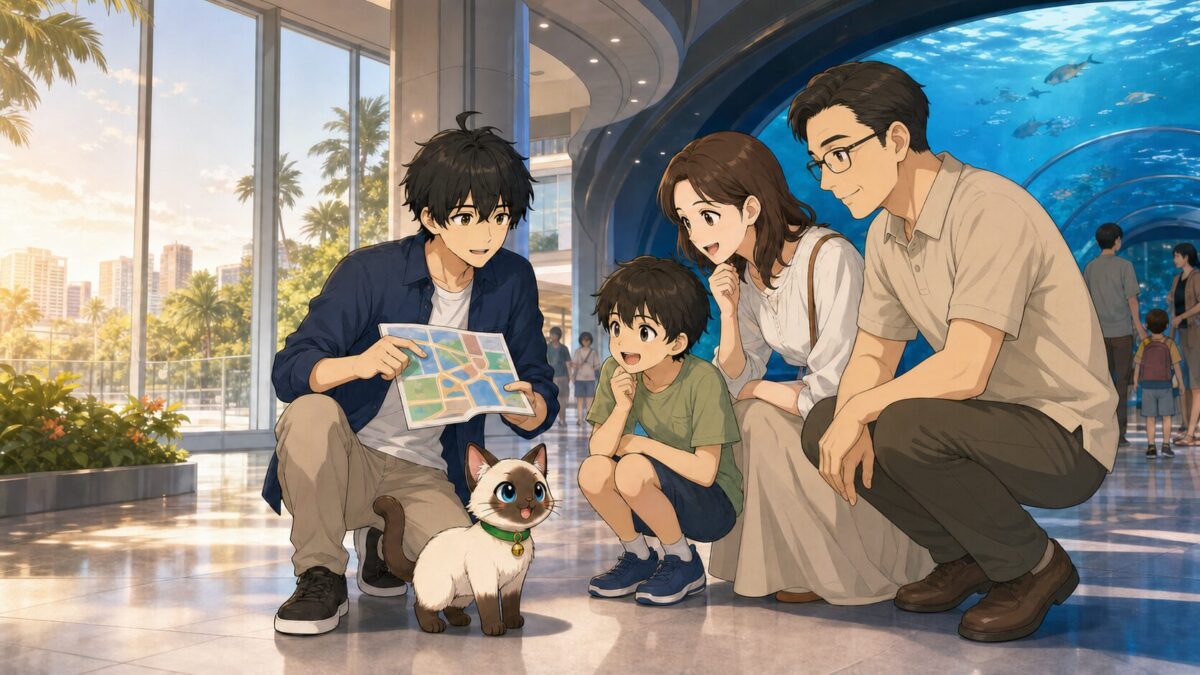 バンコクの水族館で家族旅行を案内するKentarとPakai