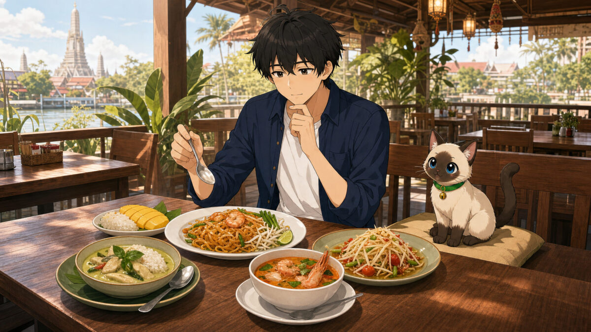 バンコクのレストランで初心者向けタイ料理を選ぶKentarとPakai
