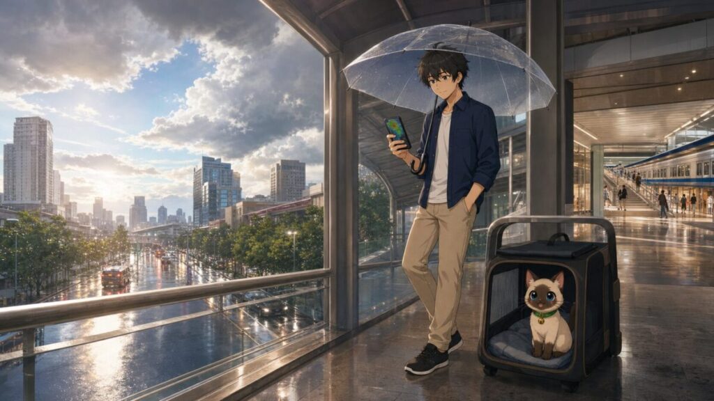 雨季のバンコクで天気を確認するKentarとPakai