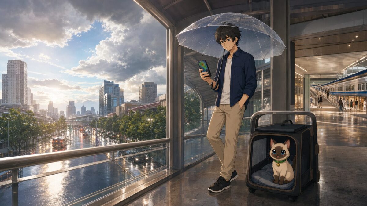 雨季のバンコクで天気を確認するKentarとPakai