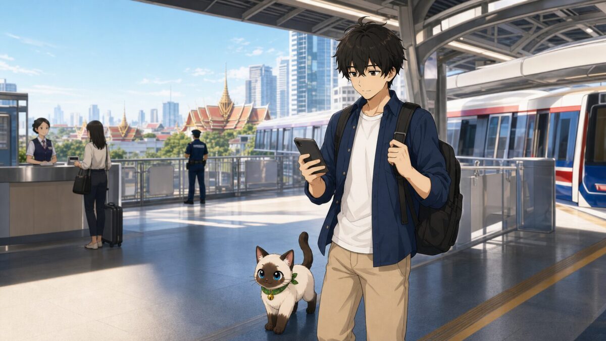 バンコクの駅で安全な移動ルートを確認するKentarとPakai