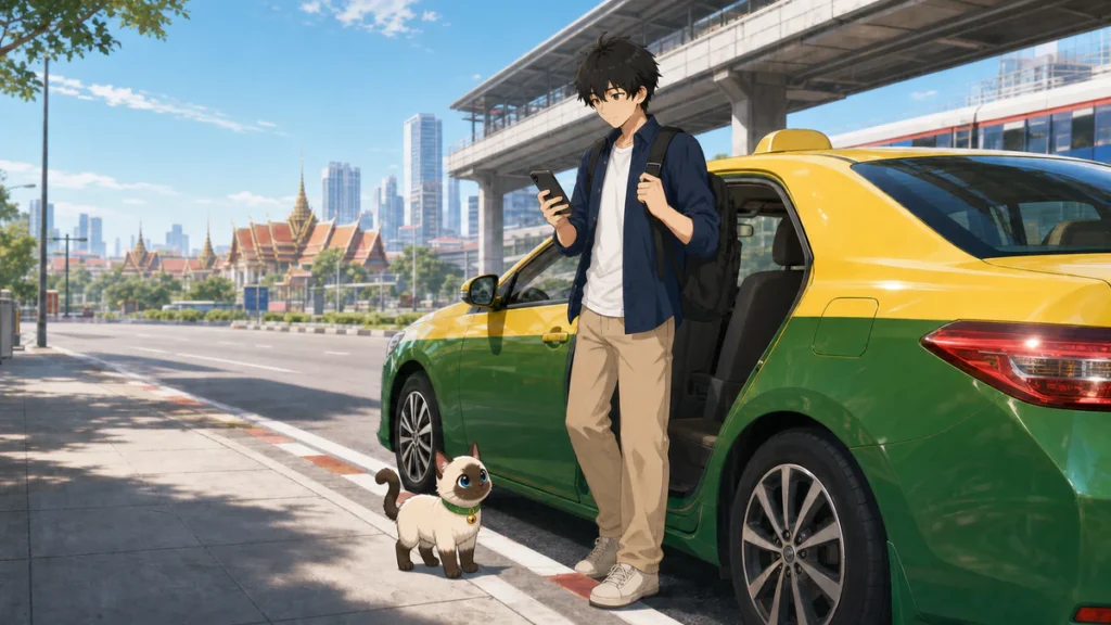 バンコクでタクシー乗車前に車両情報を確認するKentarとPakai