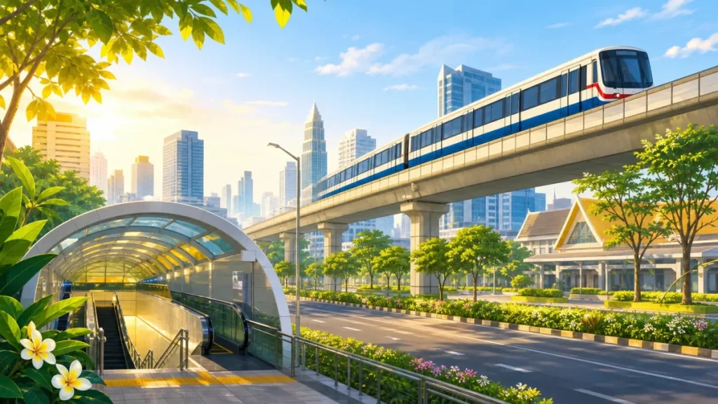 バンコクの高架鉄道BTSと地下鉄駅入口を描いた街並み