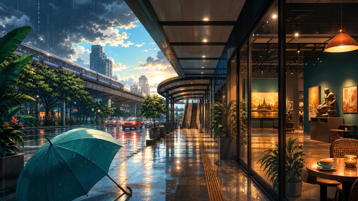 雨上がりのバンコクで高架鉄道・屋内アート施設・傘を組み合わせた雨季観光風景