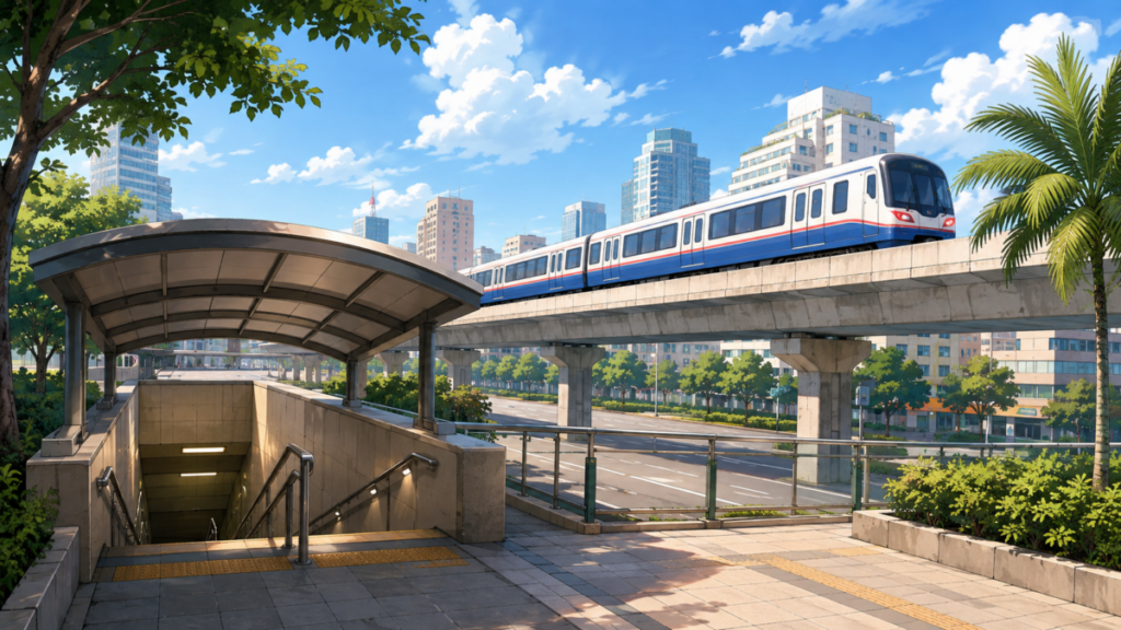 バンコクの高架鉄道と地下鉄へ下りる駅入口のイメージ