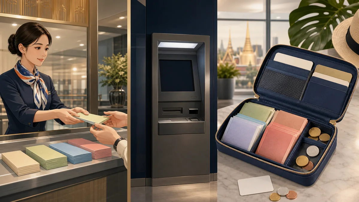 タイ旅行の両替所・ATM・現金とカードの分散管理を表すイメージ
