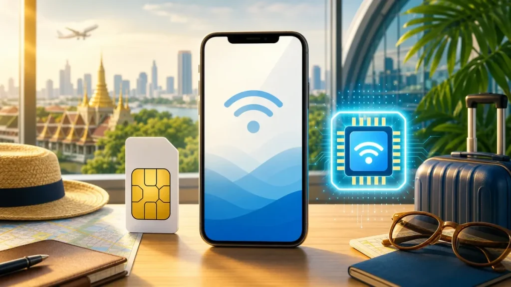 バンコクを背景に物理SIMとeSIMを比較するスマートフォン