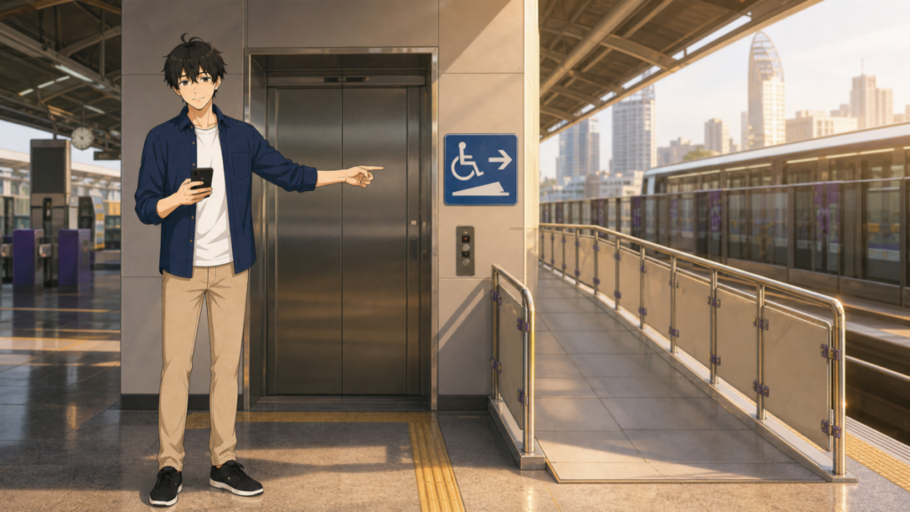 バンコクの高架鉄道駅でエレベーター位置と段差の少ない経路を確認するKENTAR