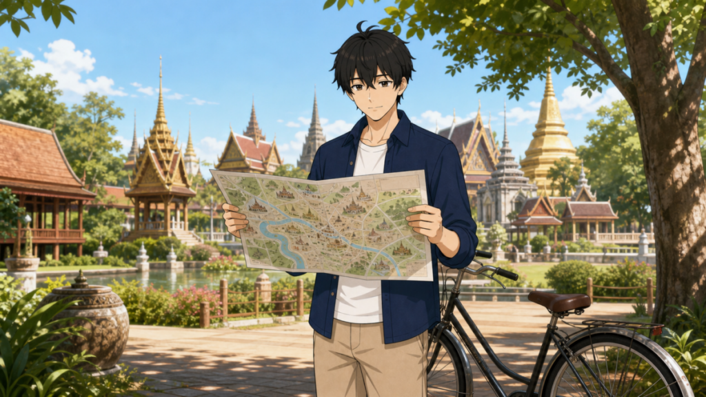古代都市の地図を広げて自転車ルートを考えるKENTAR