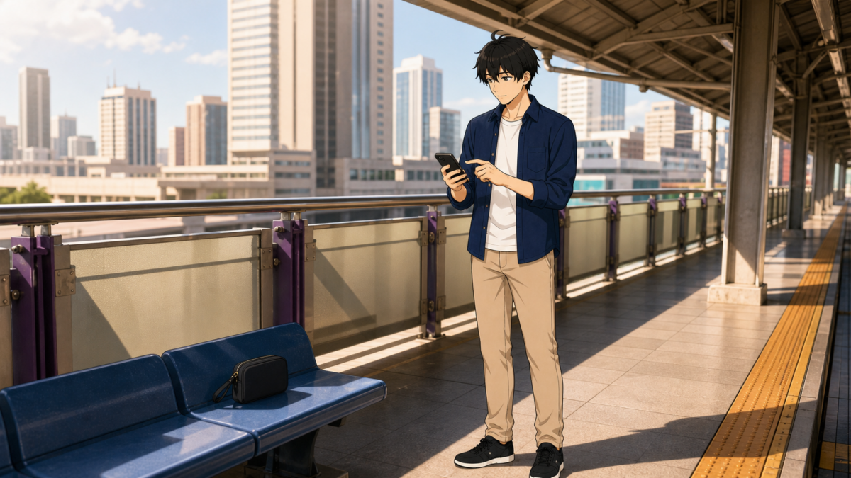 バンコクの駅ホームでベンチの忘れ物に気づき、スマートフォンへ時刻と場所を記録するKENTAR