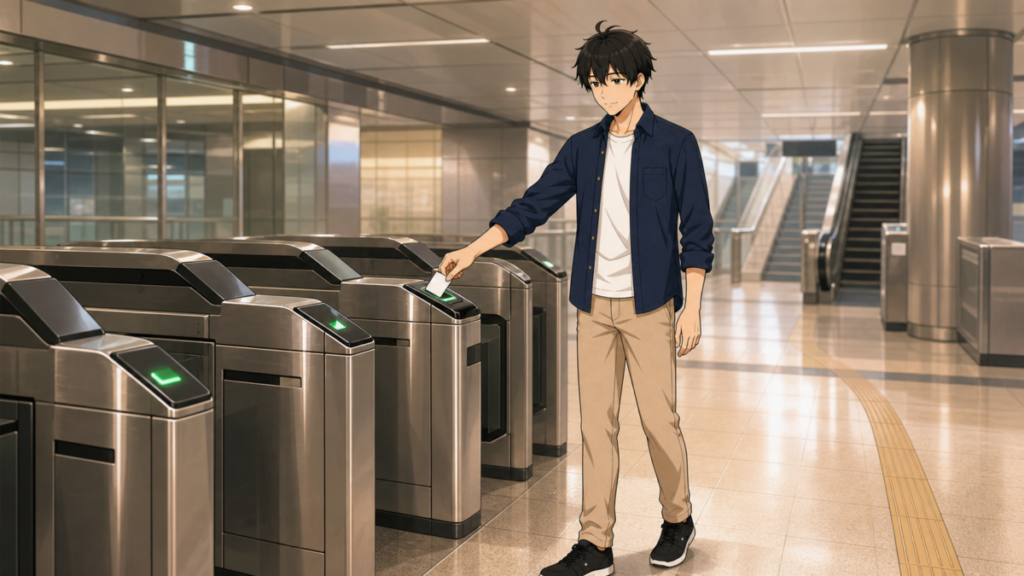 バンコクMRTの改札で同じタッチ決済カードを端末へかざすKENTAR