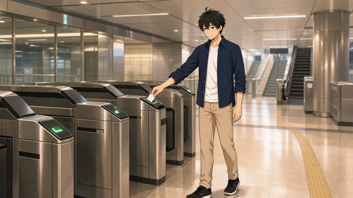 バンコクMRTの改札で同じタッチ決済カードを端末へかざすKENTAR
