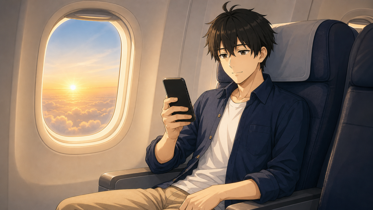 タイへ向かう機内で日本との時差をスマートフォンで確認するKENTAR
