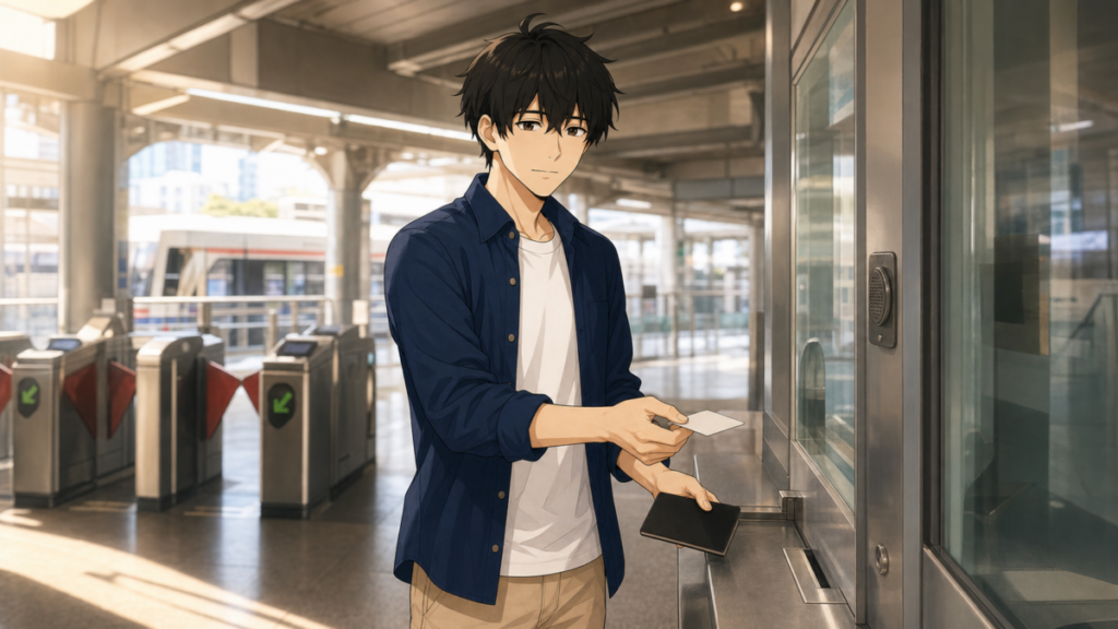 BTS駅の券売窓口前でラビットカードとパスポートを確認するKENTAR