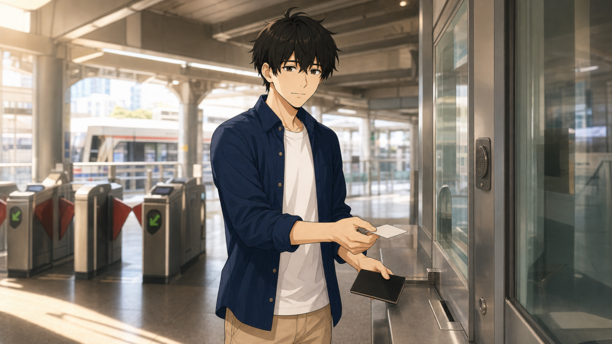 BTS駅の券売窓口前でラビットカードとパスポートを確認するKENTAR