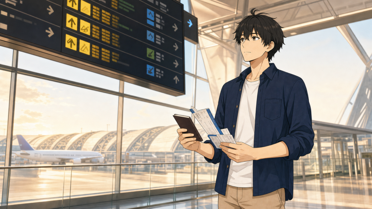 スワンナプーム空港の案内板を見ながら国際線から国内線への乗り継ぎ経路を確認するKENTAR