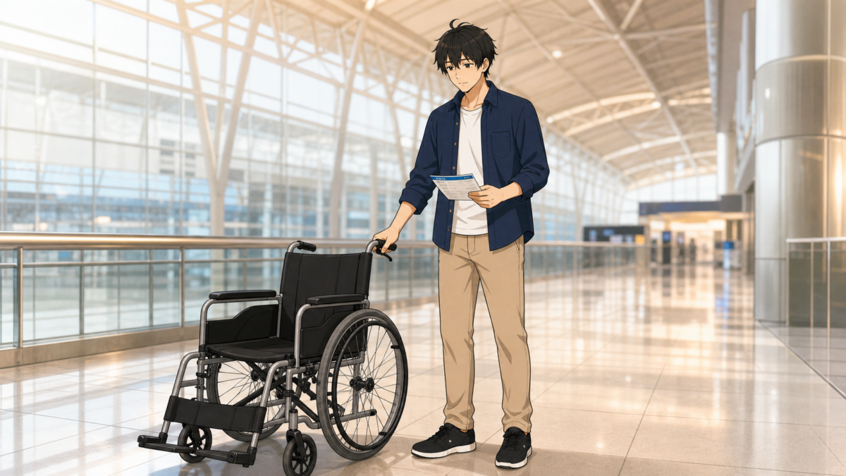 スワンナプーム空港の出発ロビーで車いすと搭乗書類を確認するKENTAR