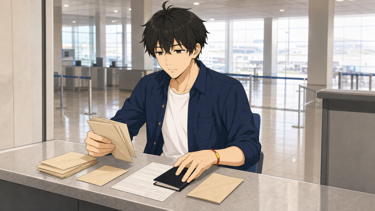 空港の税関手前で封筒と通貨申告用の書類を落ち着いて確認するKENTAR