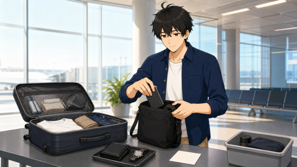 空港で開いたスーツケースを点検し、モバイルバッテリーと貴重品を機内持込み側へ移すKENTAR