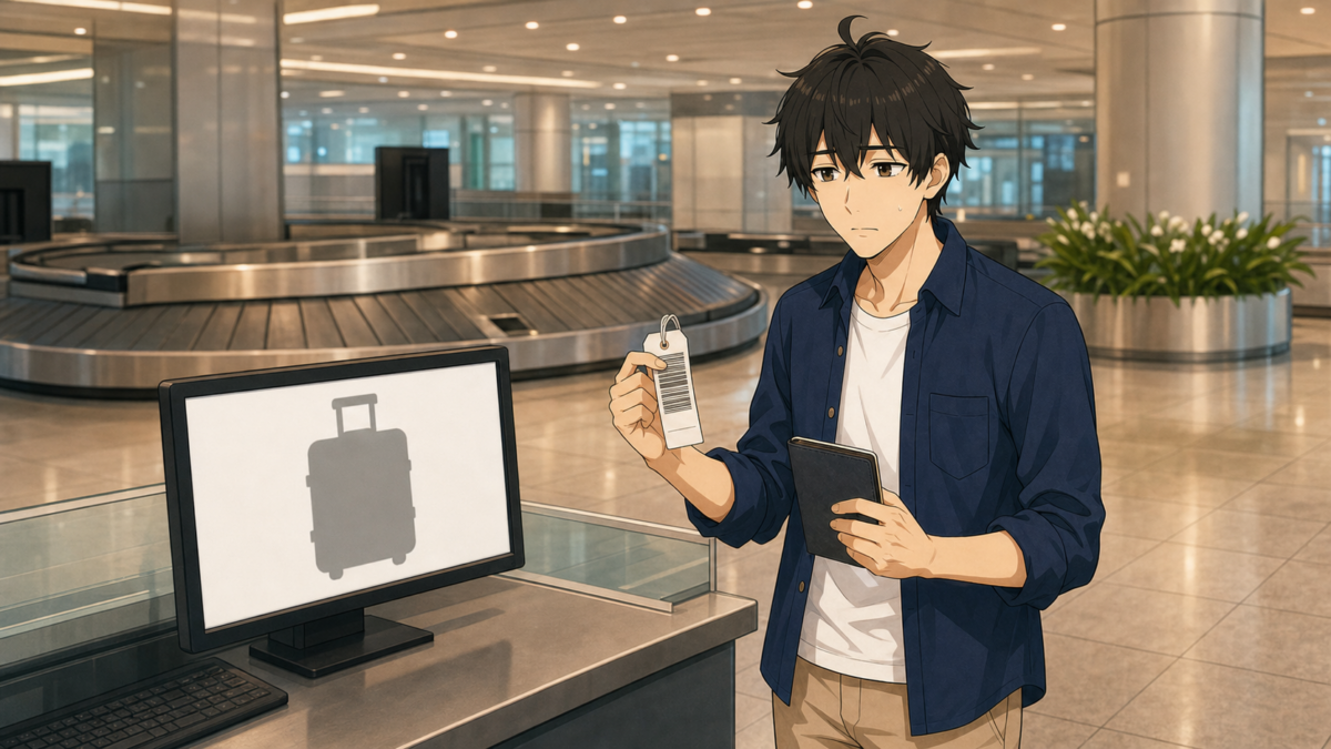 タイの空港の手荷物受取所で荷物タグを確認し、未着荷物を申告しようとするKENTAR