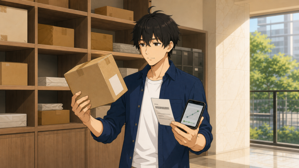 追跡画面を開いたスマートフォンと発送控えを見比べ、タイ国内EMSの荷物を確認するKENTAR