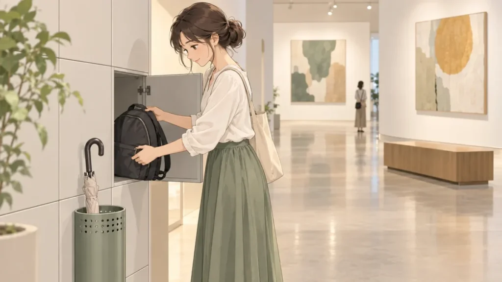 美術鑑賞の前に小さなリュックをロッカーへ預ける旅行者のイメージイラスト