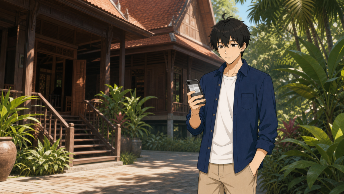 タイ様式の木造住宅を背景にスマートフォンを持つKENTARのイラスト