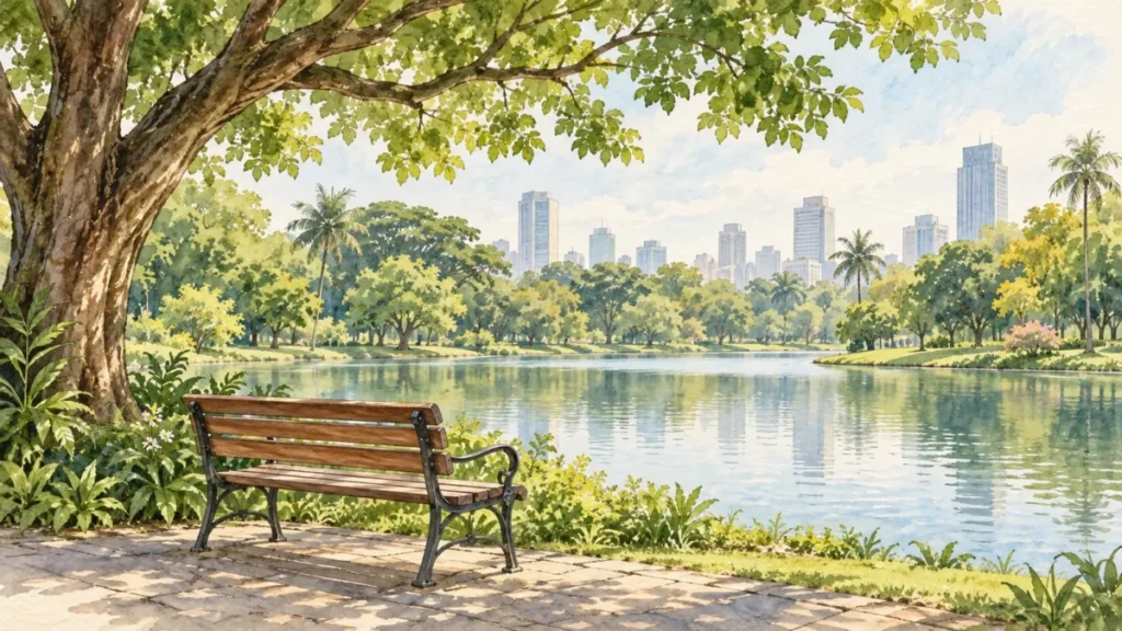 木陰のベンチと池を描いた、都会の公園でひと休みするイメージイラスト