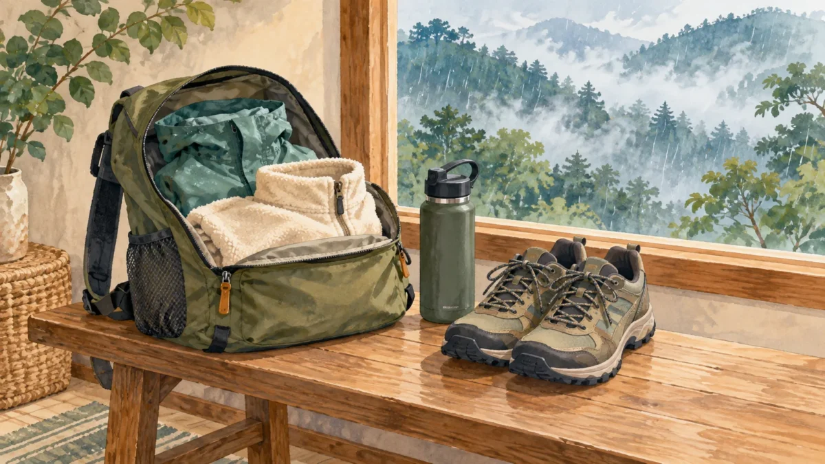 上着と雨具を入れたリュック、水筒、歩きやすい靴をそろえた山への日帰り準備イラスト