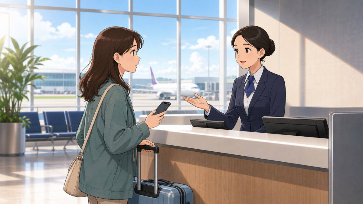 空港の航空会社窓口で、スマートフォンを持った旅行者がスタッフに相談するイラスト