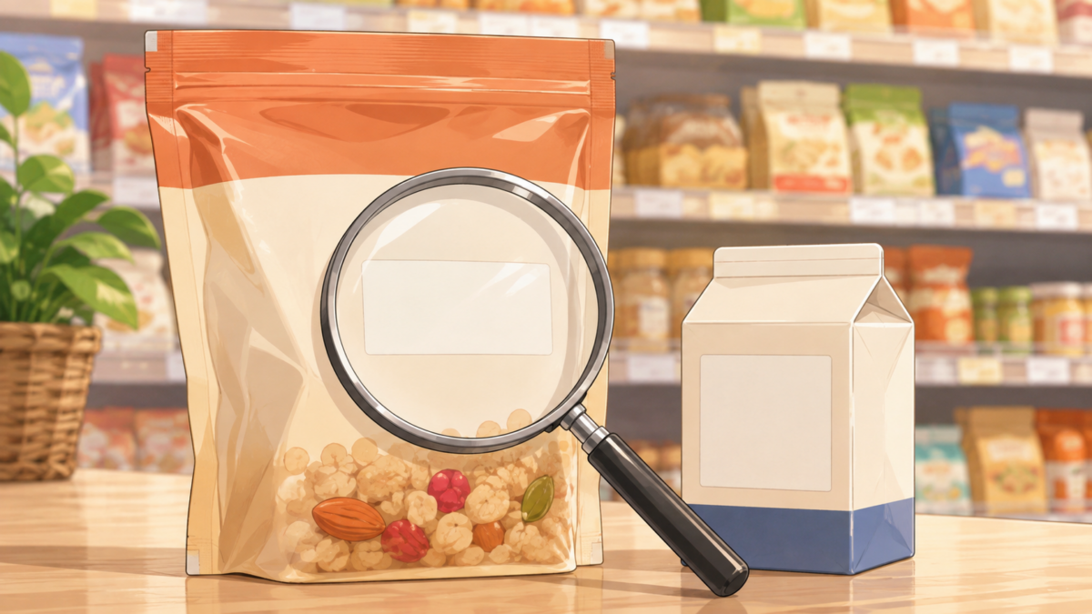 食品包装の表示欄に虫眼鏡を重ねたイラスト