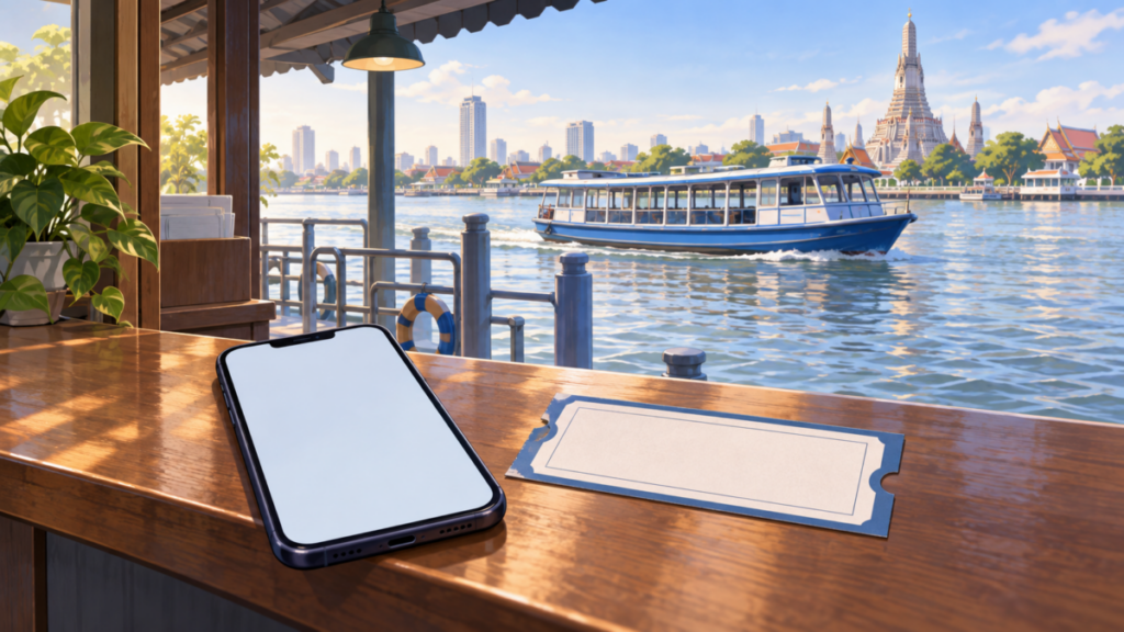 川の観光船を背景に、窓口に置かれたスマートフォンと紙の乗船券を描いたイラスト
