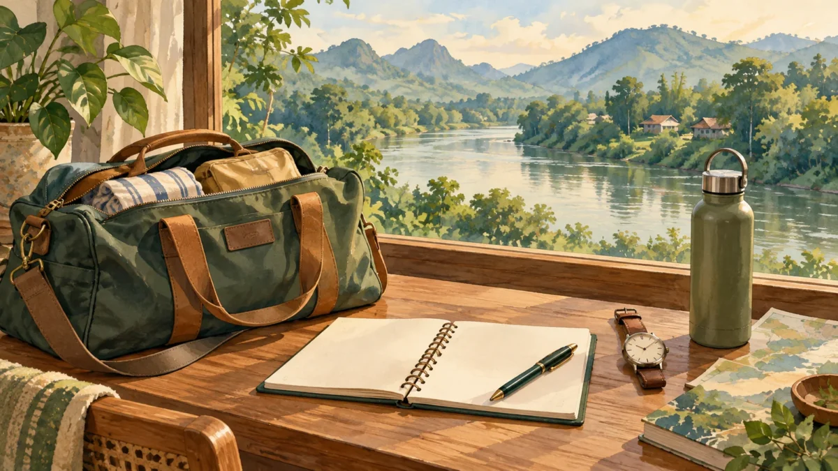 一泊用のバッグとノート、時計、水筒を並べた川辺の旅行計画イラスト