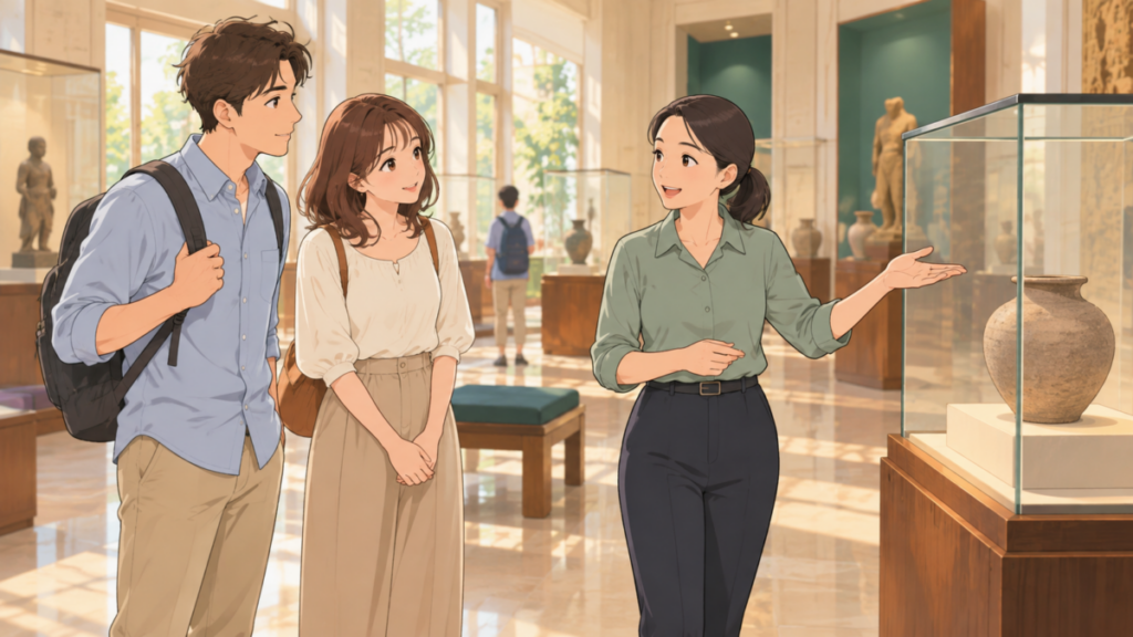 博物館でガイドの説明を聞く旅行者のイメージイラスト。実際の館内や展示品の再現ではありません。