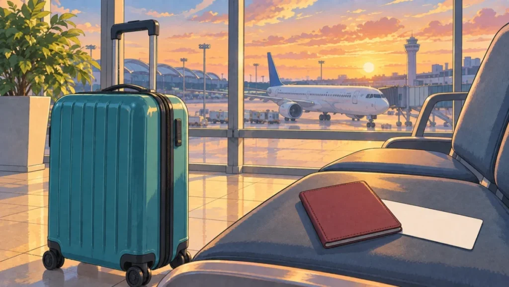 空港の待合席に置かれたスーツケースと書類、窓の外の飛行機を描いた出発準備のイラスト