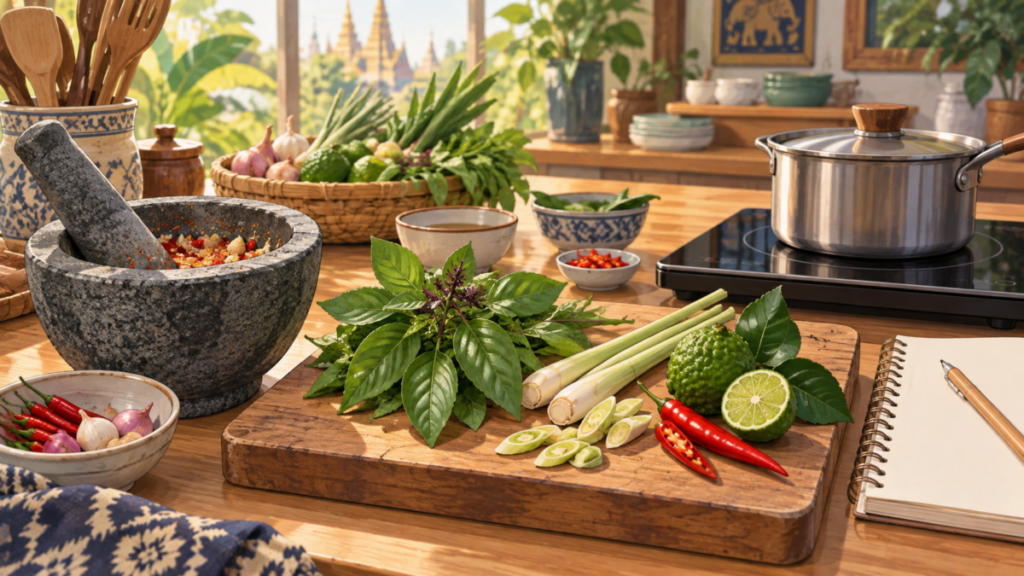 タイのハーブ、すり鉢、まな板、小さな調理鍋を並べた料理教室の説明用イラスト