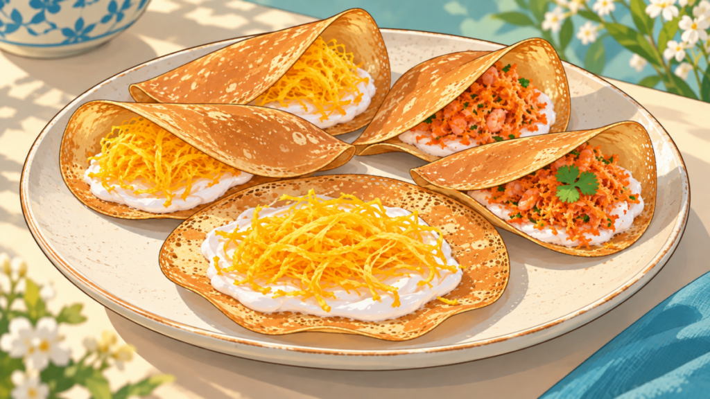 薄い皮に白いクリームと黄色いフォイトーン、オレンジ色の具をのせたカノムブアンのイラスト