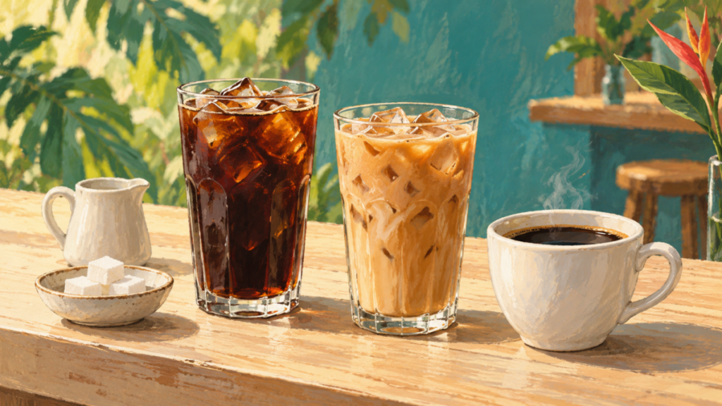 黒いアイスコーヒー、ミルク入りコーヒー、温かいコーヒーと別添えの砂糖・ミルクを描いたイラスト