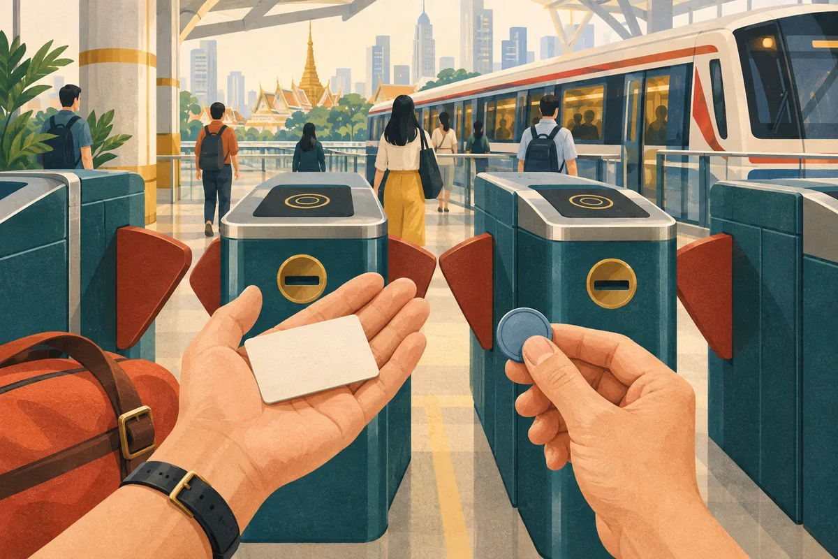 Concept illustration of a rectangular transit card and a round token held separately near station gates.