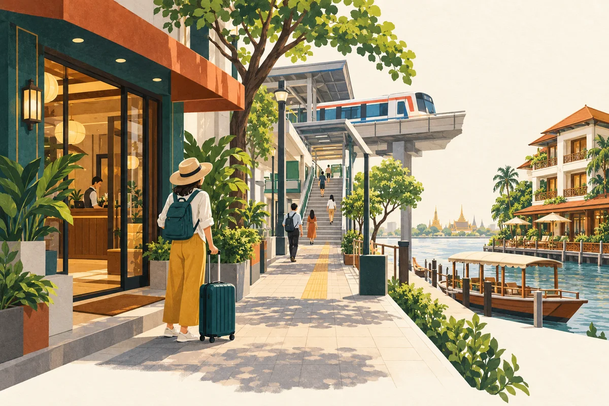 Concept illustration of a traveler comparing a hotel-to-station walk with a riverside hotel and boat connection.