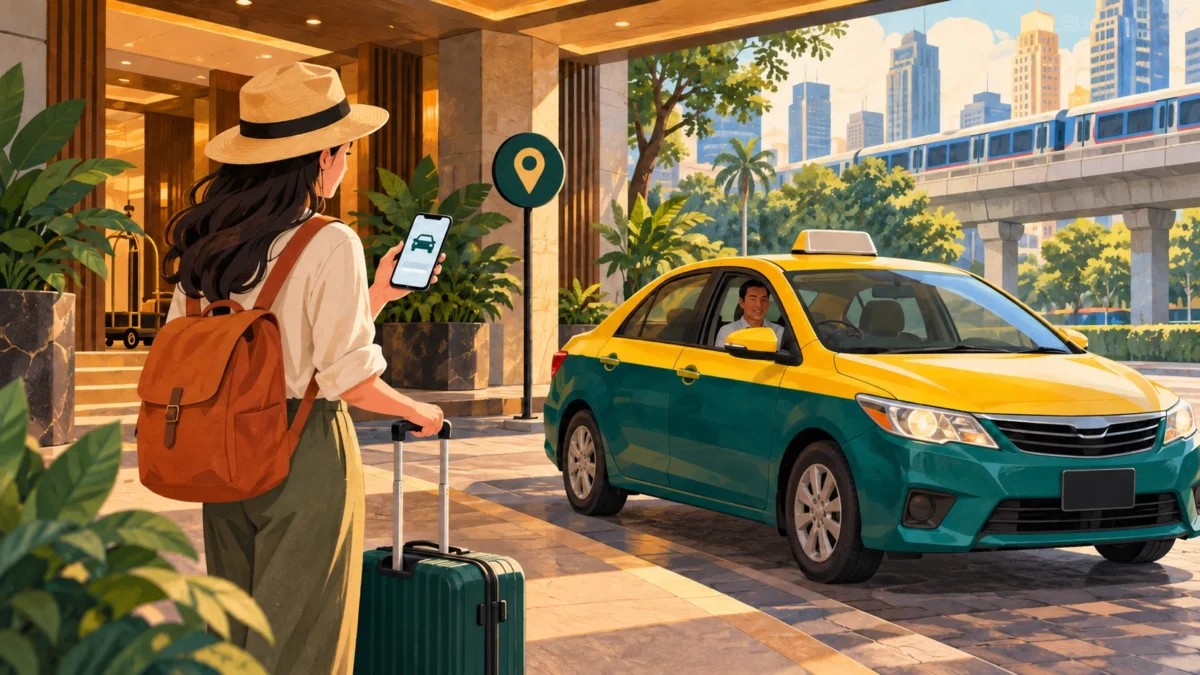 An illustrated traveller checks a phone beside a suitcase at a covered vehicle entrance, while a Bangkok-style taxi waits in the pull-in.
