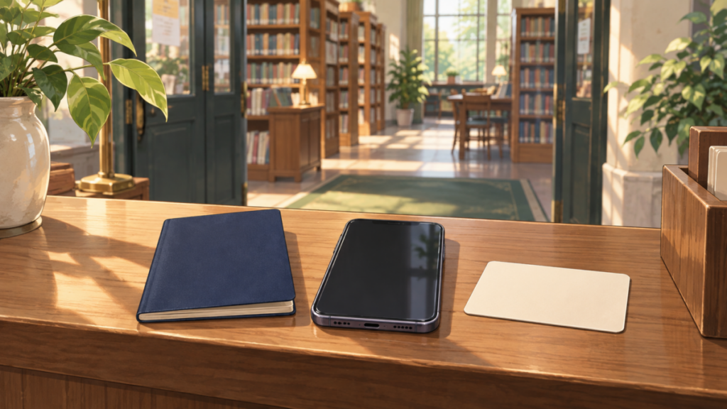 無記名の身分証ケースとスマホ、書棚を描いた架空の受付