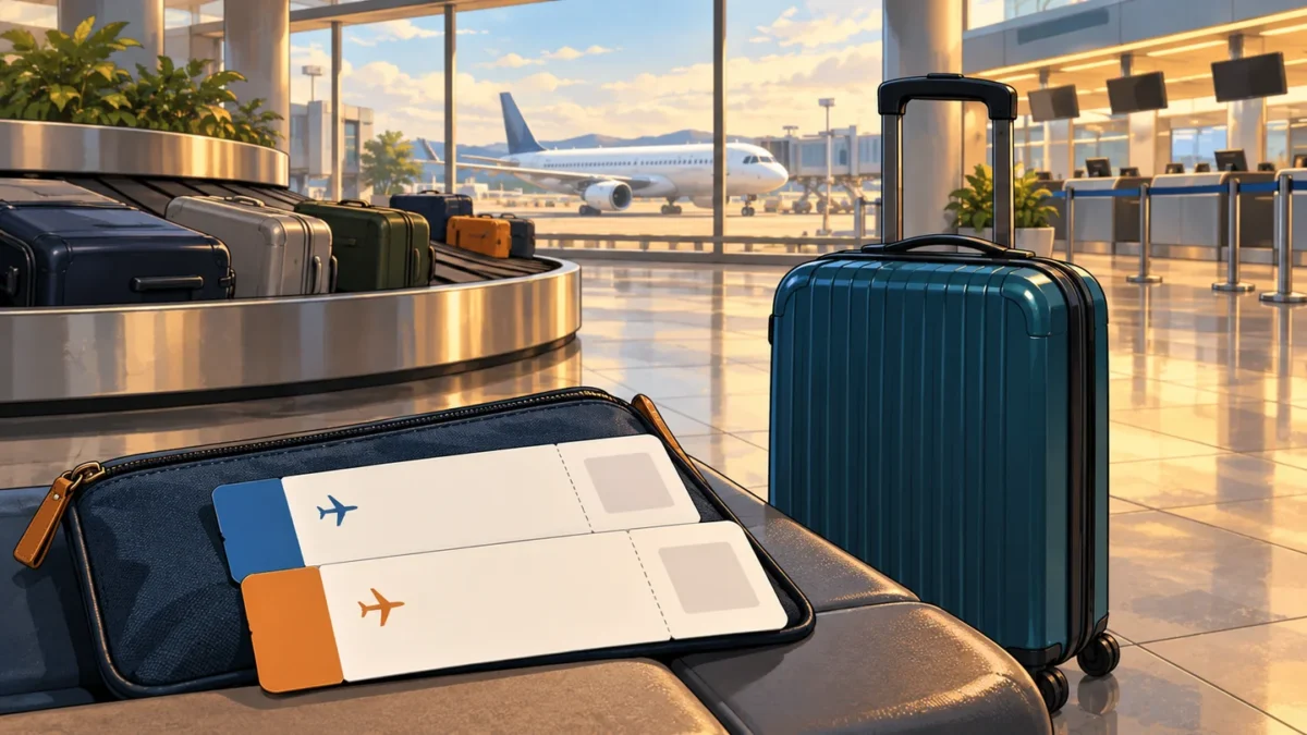 Two separate flight tickets and luggage beside an airport baggage carousel.