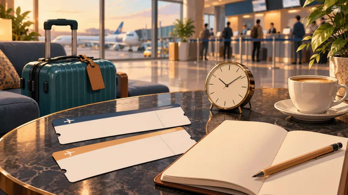 Separate flight tickets, a clock and a notebook on an airport lounge table.