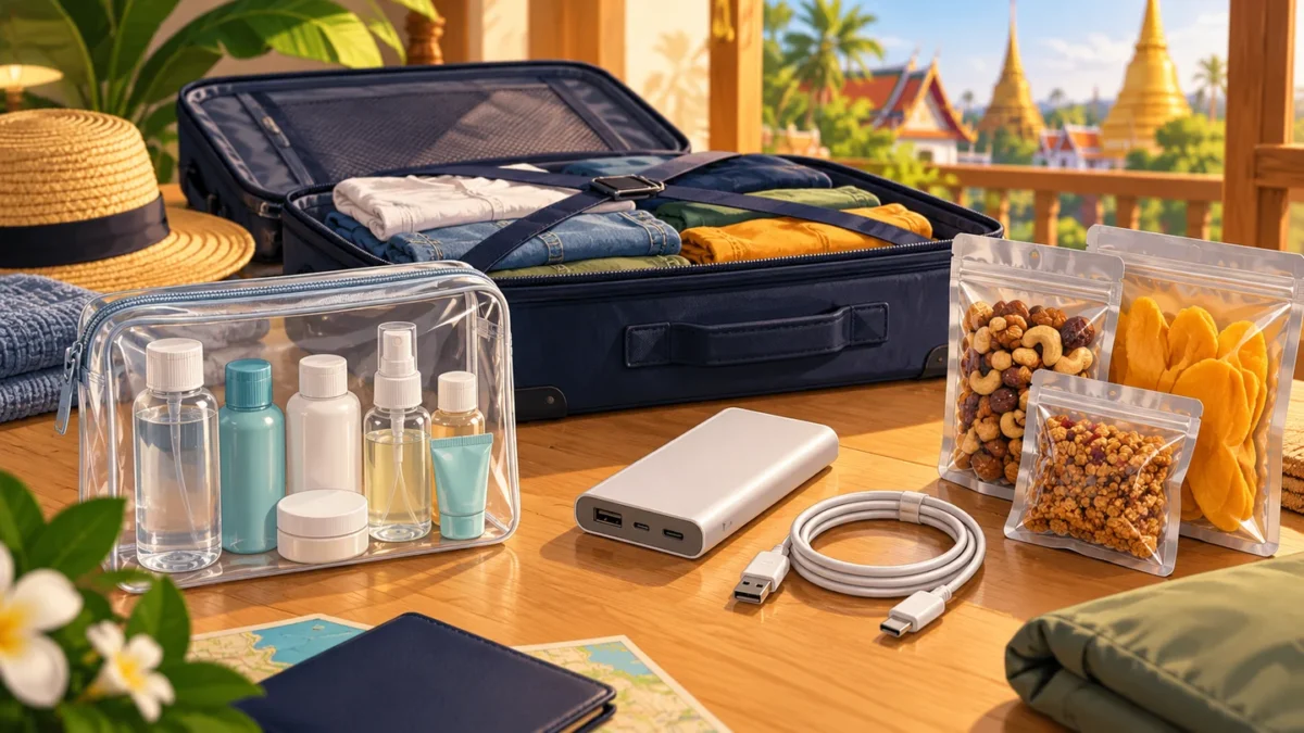 Toiletries, a power bank and packaged food laid out before packing for a flight.