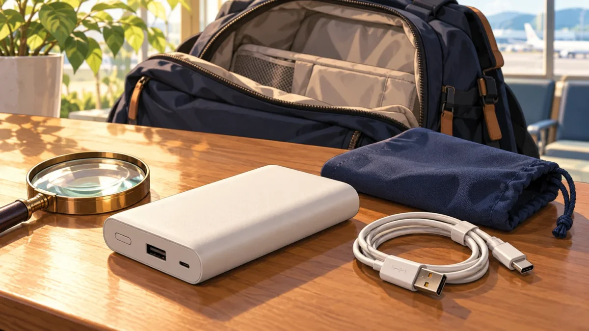 A disconnected power bank, cable and protective pouch beside a cabin backpack.