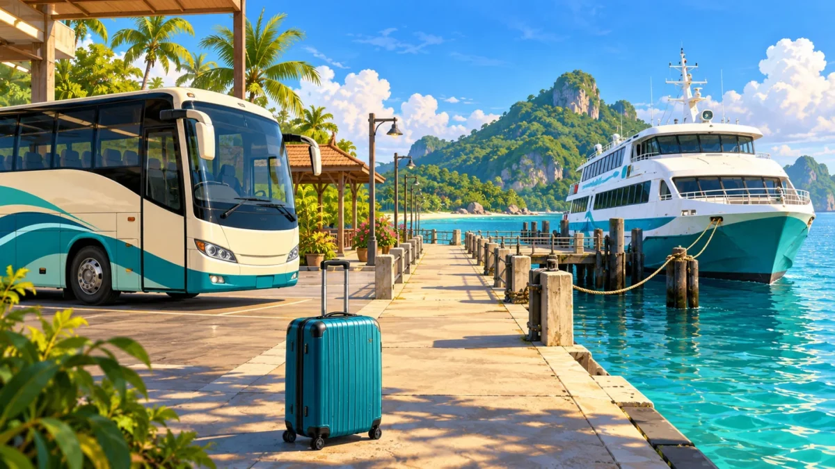 A coach and moored passenger ferry at a tropical pier.