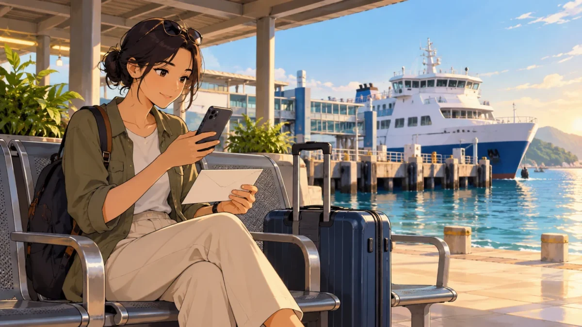 A traveler checks a booking beside luggage in a ferry terminal.